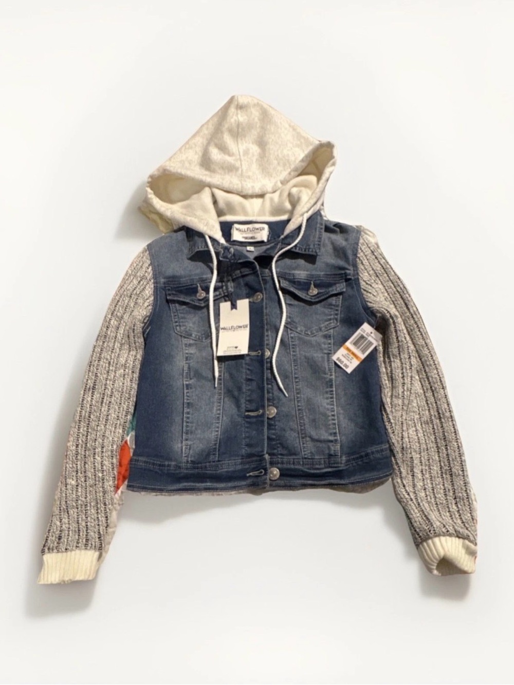 WallFlower Women's Denim Jacket Blue Gray Hooded Knit Sleeves Size Small